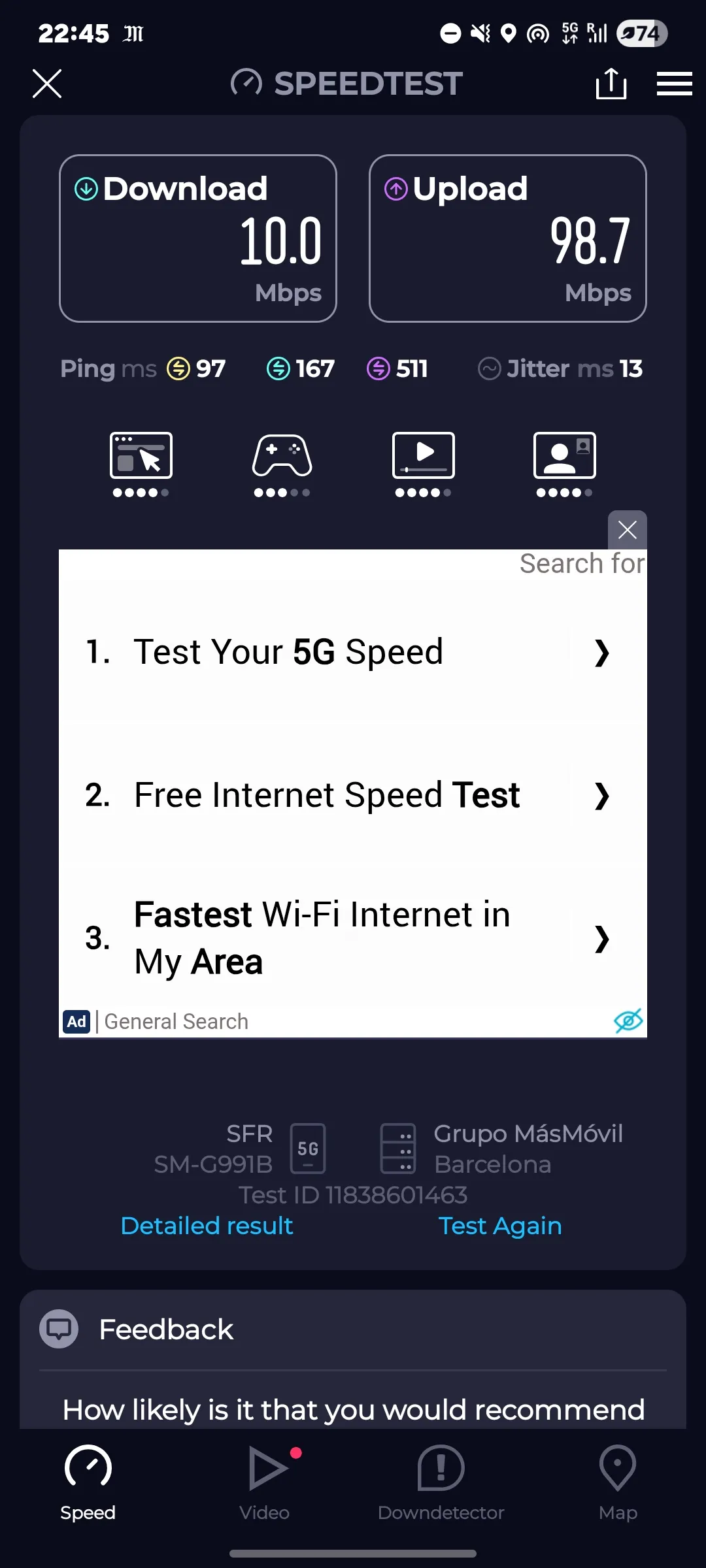 Speedtest screenshot Barcelona Airport Arrival