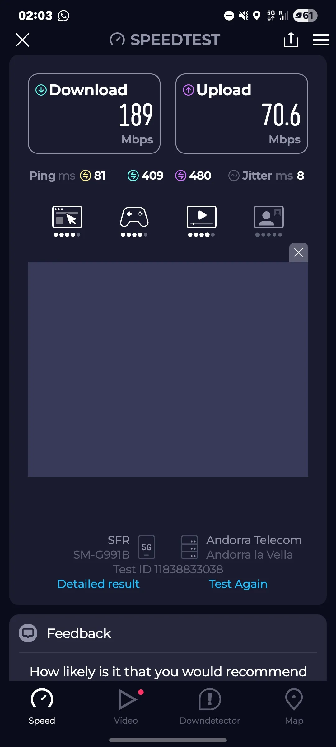 Speedtest screenshot Carcassonne Chateau