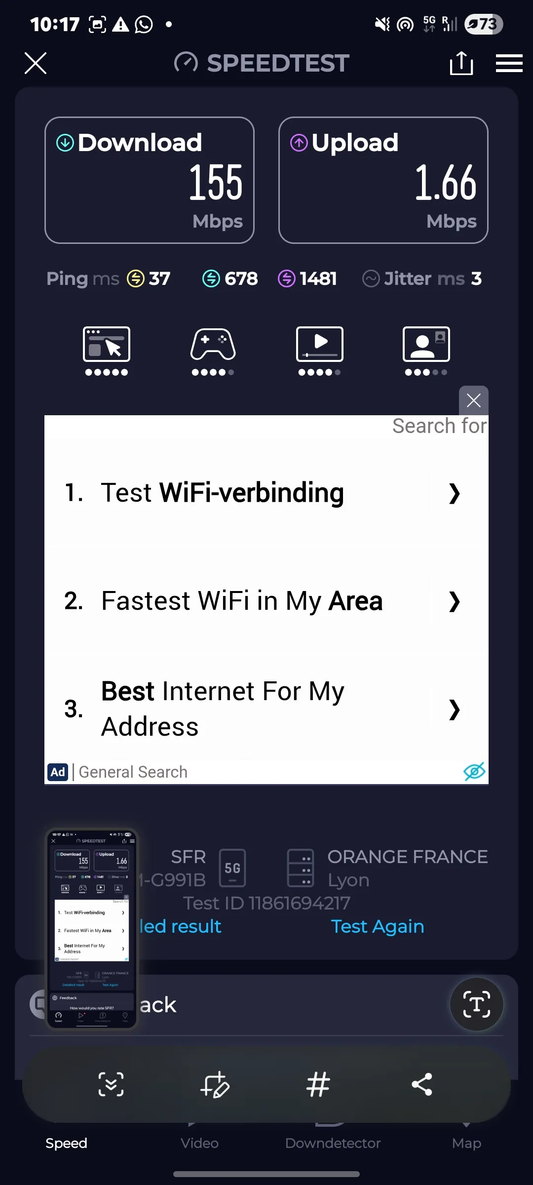 Speedtest screenshot Lyon Clinique De La Sauvegarde