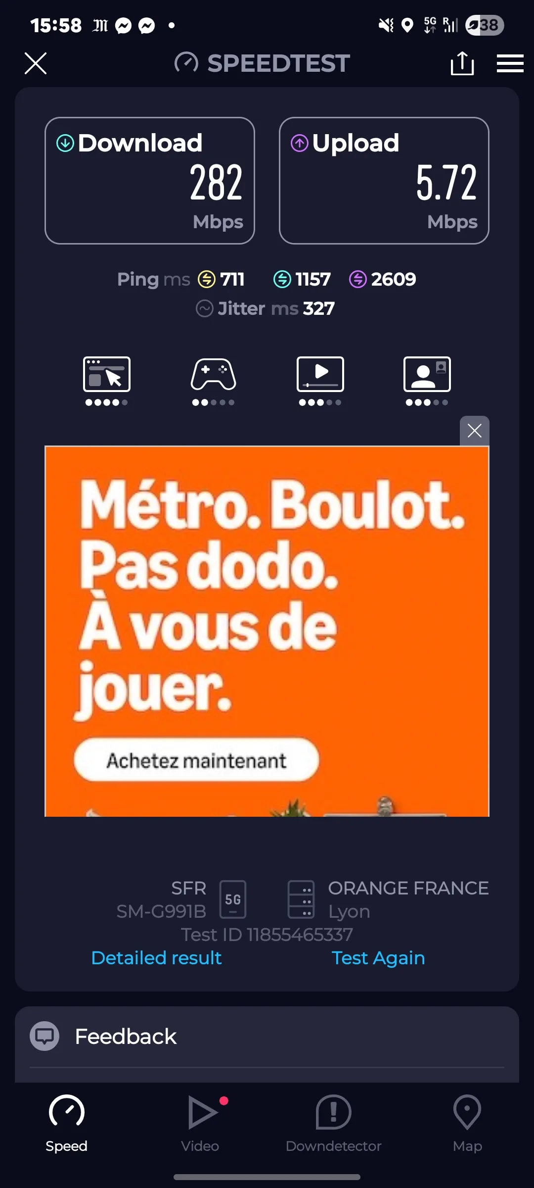 Speedtest screenshot Lyon Tassin