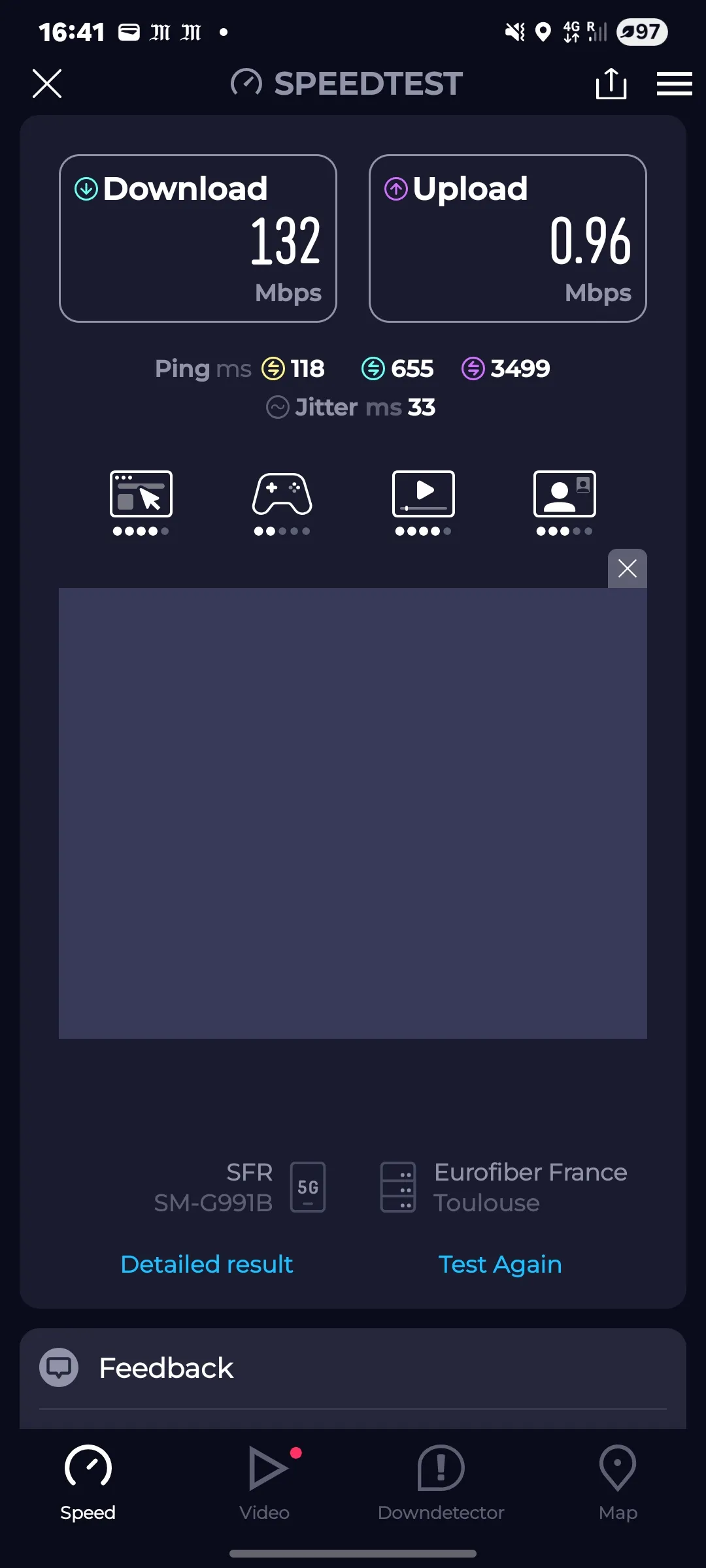 Speedtest screenshot Toulouse Cote Pavé